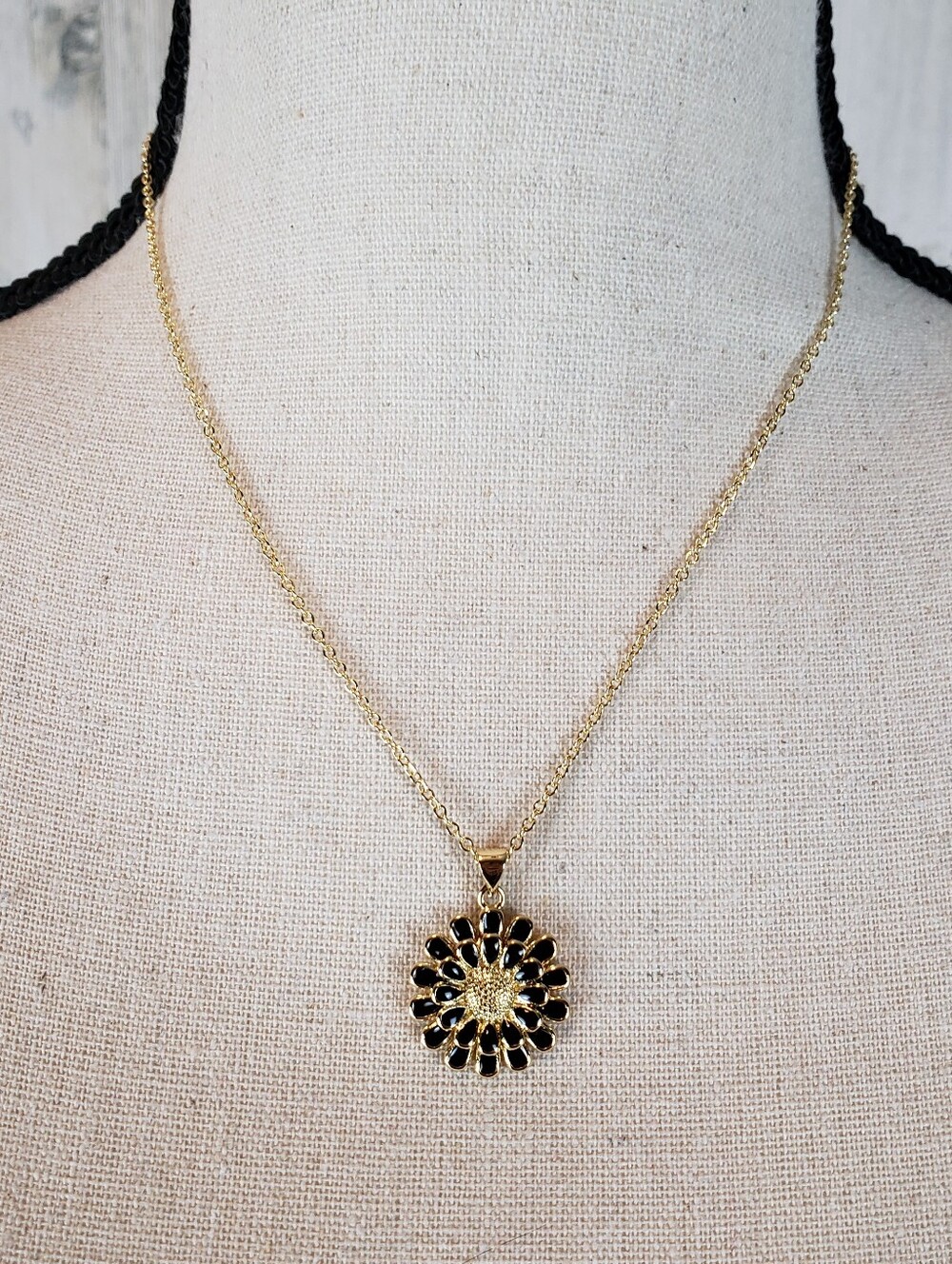 Gold and Black Floral Pendant Necklace
